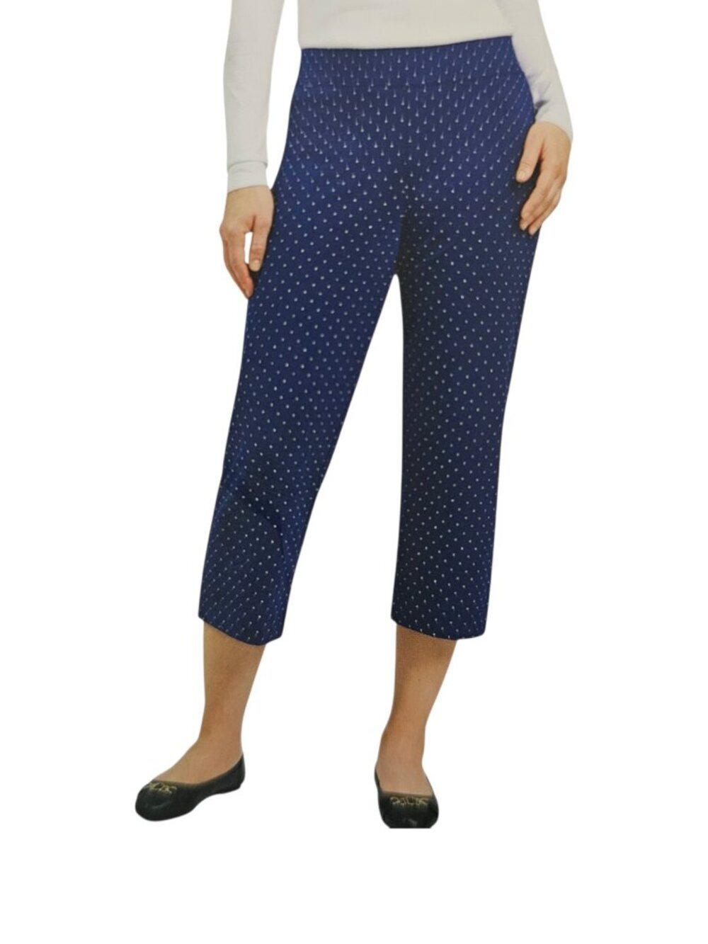 Lands' End Women's Shore Polka Dot Stretch Knit Capris Pants New Navy White M